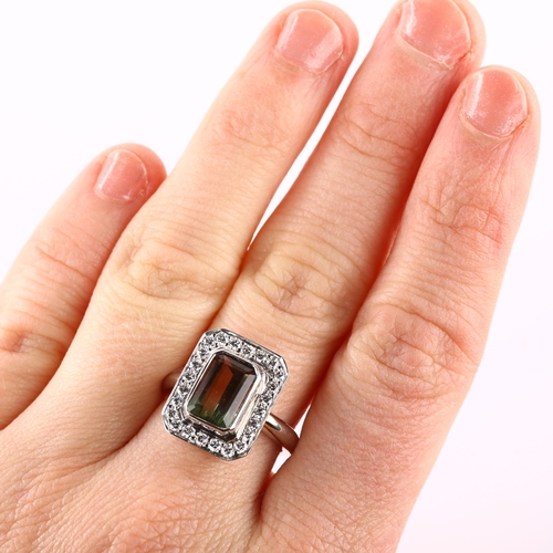 1137 - A 9ct white gold watermelon tourmaline and diamond cluster ring, in Art Deco style, set with modern ... 