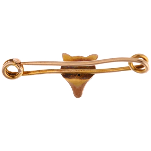 1101 - A 9ct gold figural fox mask bar brooch, circa 1900, 31.6mm, 1.2g