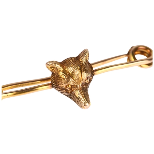 1101 - A 9ct gold figural fox mask bar brooch, circa 1900, 31.6mm, 1.2g