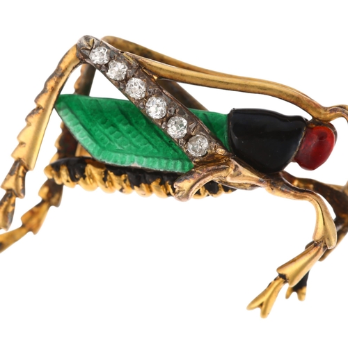 1102 - A diamond and enamel figural grasshopper brooch, early/mid-20th century, unmarked yellow metal setti... 