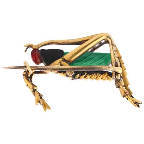 1102 - A diamond and enamel figural grasshopper brooch, early/mid-20th century, unmarked yellow metal setti... 