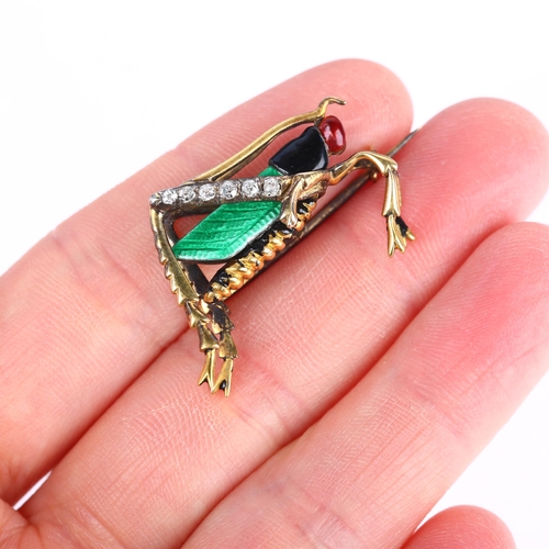 1102 - A diamond and enamel figural grasshopper brooch, early/mid-20th century, unmarked yellow metal setti... 