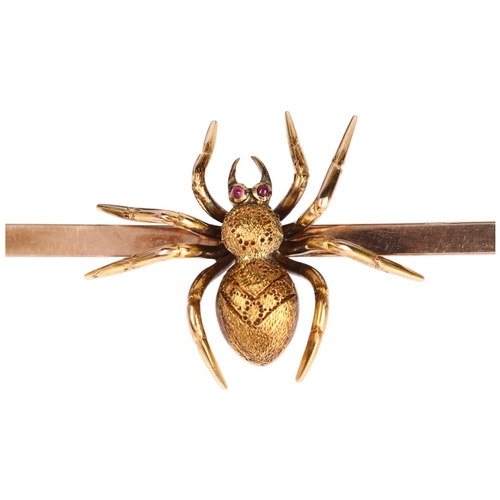 1103 - An Edwardian ruby figural spider bar brooch, circa 1910, unmarked gold set en tremblant with realist... 