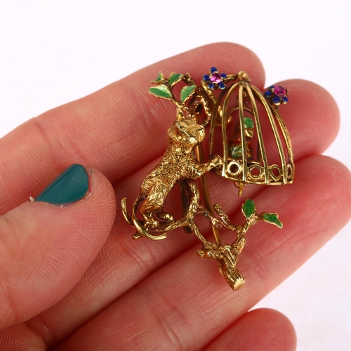 1104 - A mid-20th century 18ct gold figural cat and parrot pendant/brooch, maker RHB, import Birmingham 196... 