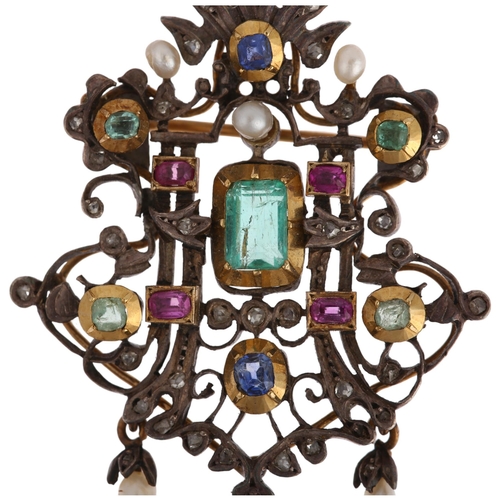 1105 - An Austro-Hungarian silver and gold gem set openwork pendant/brooch, Vienna, circa 1890, centrally c... 