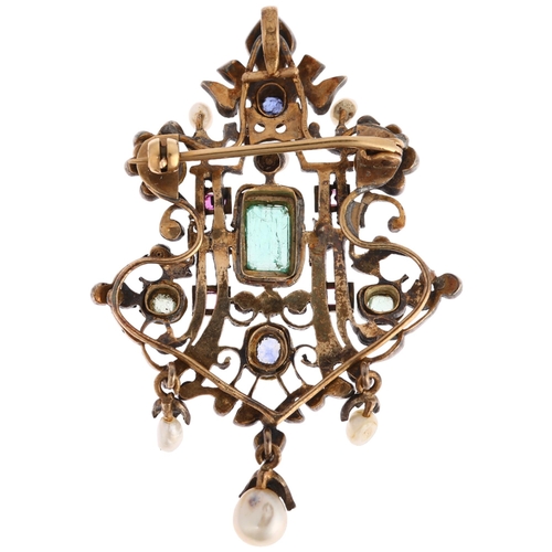 1105 - An Austro-Hungarian silver and gold gem set openwork pendant/brooch, Vienna, circa 1890, centrally c... 