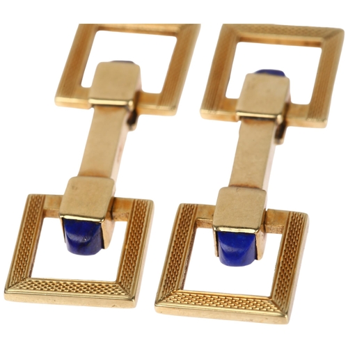 1107 - A pair of 14ct gold lapis lazuli snaffle horse bit pattern cufflinks, each with square engine turned... 