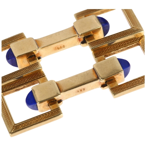 1107 - A pair of 14ct gold lapis lazuli snaffle horse bit pattern cufflinks, each with square engine turned... 