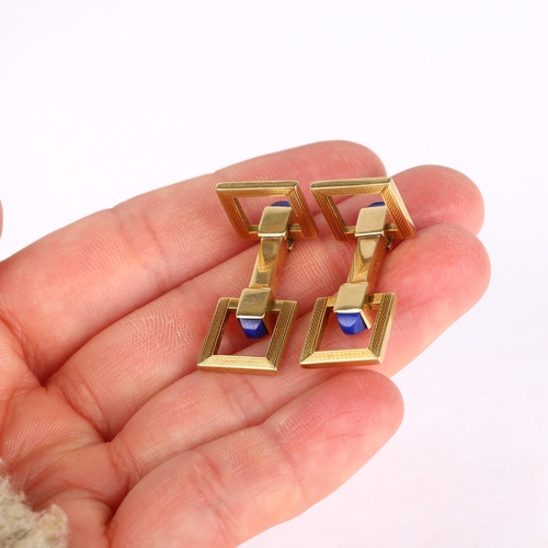 1107 - A pair of 14ct gold lapis lazuli snaffle horse bit pattern cufflinks, each with square engine turned... 