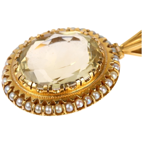 1108 - A 14ct gold citrine and whole pearl oval cluster pendant, centrally claw set with 27ct oval mixed-cu... 