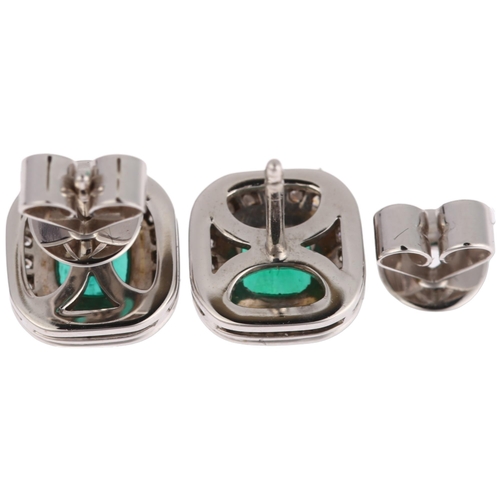 1112 - A pair of 18ct white gold emerald and diamond square cluster earrings, each set with an octagonal st... 