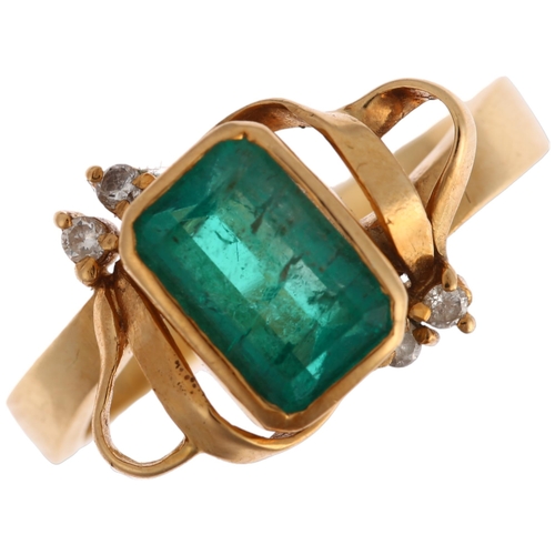 A Continental 18ct gold emerald and diamond ring, central rub-over set ...