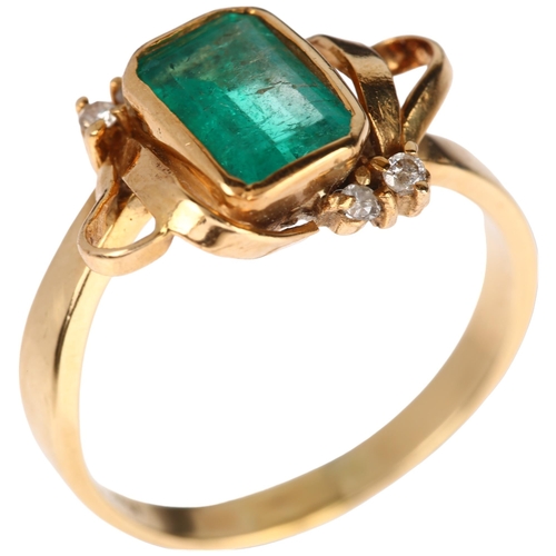 1113 - A Continental 18ct gold emerald and diamond ring, central rub-over set 1.2ct octagonal step-cut emer... 