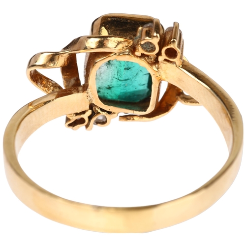 1113 - A Continental 18ct gold emerald and diamond ring, central rub-over set 1.2ct octagonal step-cut emer... 