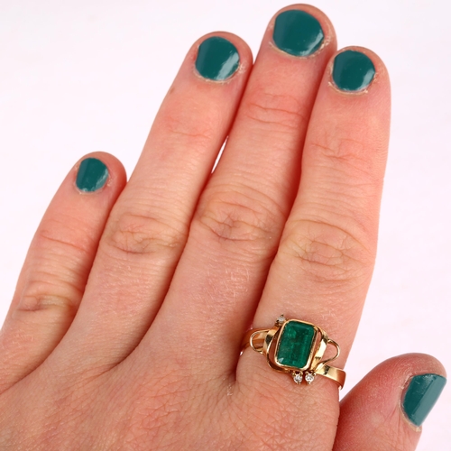 1113 - A Continental 18ct gold emerald and diamond ring, central rub-over set 1.2ct octagonal step-cut emer... 