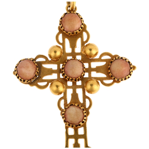 1116 - A Victorian gem set cross pendant, unmarked yellow metal settings with pierced decoration, 69.6mm, 8... 