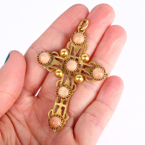 1116 - A Victorian gem set cross pendant, unmarked yellow metal settings with pierced decoration, 69.6mm, 8... 