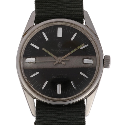 1051 - HENRI SANDOZ & FILS - a Vintage stainless steel mechanical wristwatch, black and silvered striped di... 