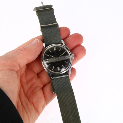 1051 - HENRI SANDOZ & FILS - a Vintage stainless steel mechanical wristwatch, black and silvered striped di... 