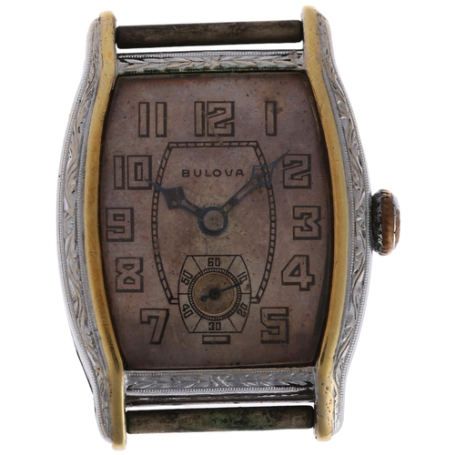 1053 - BULOVA - a stainless steel mechanical wristwatch head, circa 1930s, silvered tonneau dial with Arabi... 