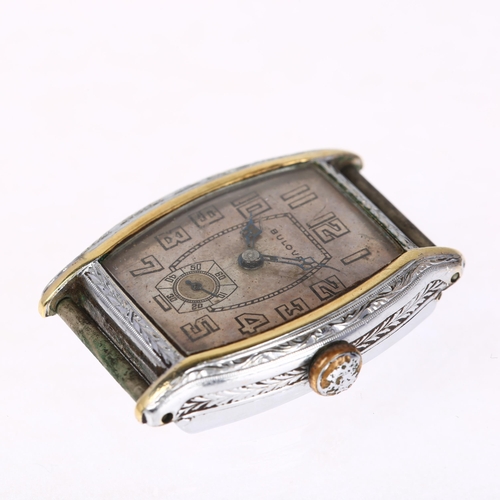 1053 - BULOVA - a stainless steel mechanical wristwatch head, circa 1930s, silvered tonneau dial with Arabi... 