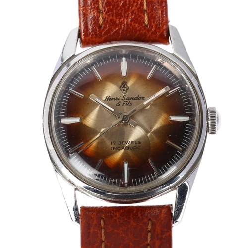 1065 - HENRI SANDOZ & FILS - a Vintage stainless steel mechanical wristwatch, brown ombre dial with applied... 