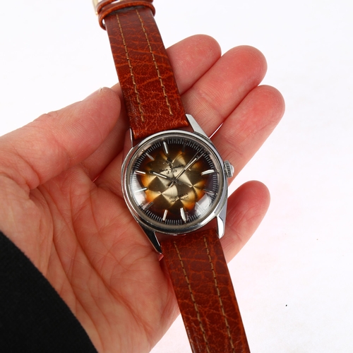 1065 - HENRI SANDOZ & FILS - a Vintage stainless steel mechanical wristwatch, brown ombre dial with applied... 