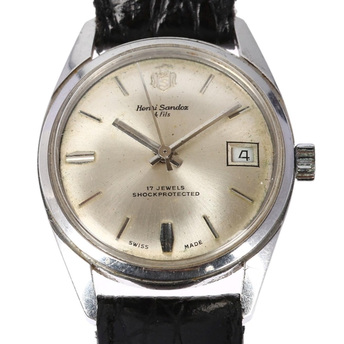 1066 - HENRI SANDOZ & FILS - a Vintage stainless steel mechanical wristwatch, silvered dial with applied ba... 