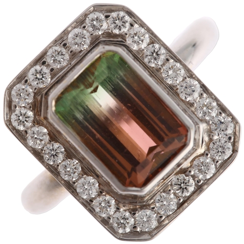 1137 - A 9ct white gold watermelon tourmaline and diamond cluster ring, in Art Deco style, set with modern ... 