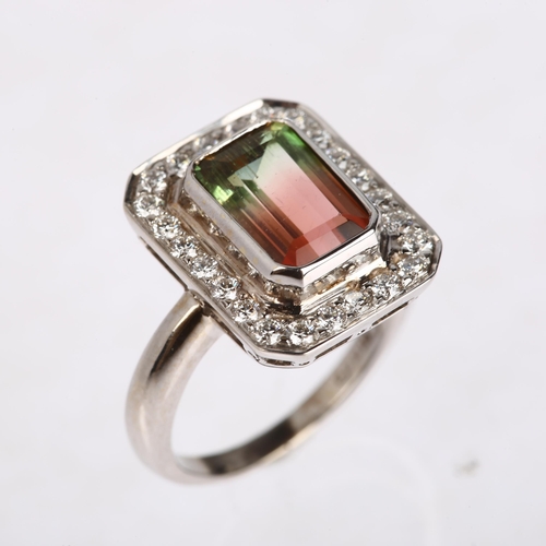 1137 - A 9ct white gold watermelon tourmaline and diamond cluster ring, in Art Deco style, set with modern ... 