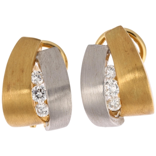 1154 - A pair of 18ct two-colour gold diamond half hoop earrings, by Manoj Jewellers, brushed settings, cha... 