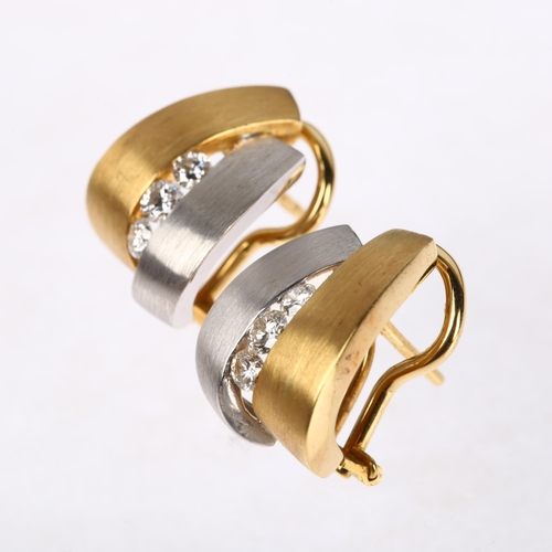 1154 - A pair of 18ct two-colour gold diamond half hoop earrings, by Manoj Jewellers, brushed settings, cha... 