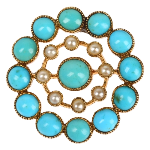 1156 - An Edwardian 15ct gold turquoise and pearl target brooch, circa 1905, set with round cabochon turquo... 