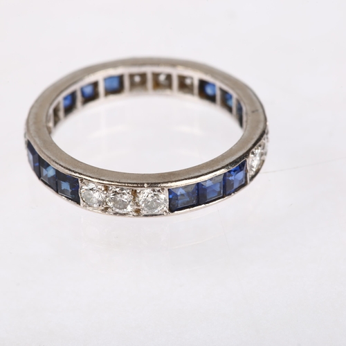 1158 - An 18ct white gold sapphire and diamond full eternity ring, London 1975, set with calibre-cut sapphi... 