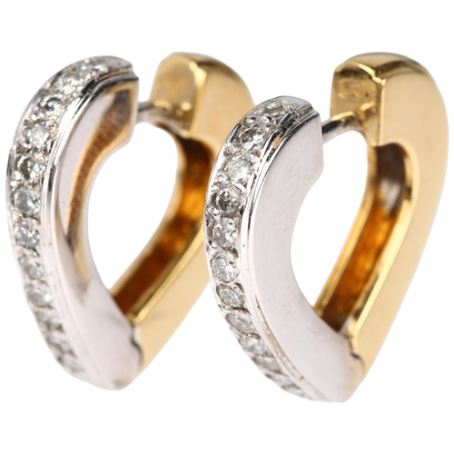 1165 - A pair of 18ct two-colour gold diamond heart hoop earrings, with hinged latch back fittings, height ... 