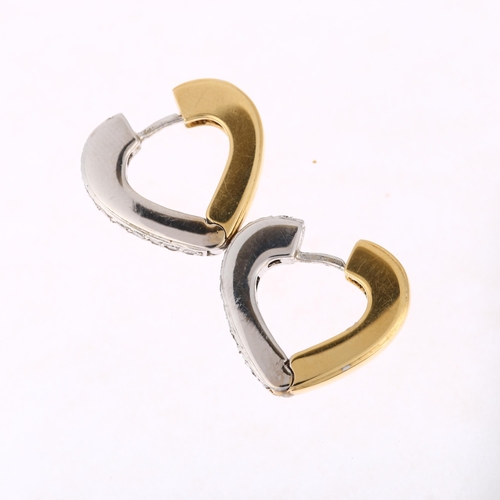 1165 - A pair of 18ct two-colour gold diamond heart hoop earrings, with hinged latch back fittings, height ... 