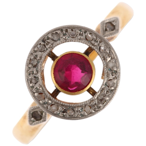 1167 - A synthetic ruby and diamond target cluster ring, unmarked gold settings with round-cut ruby and ros... 