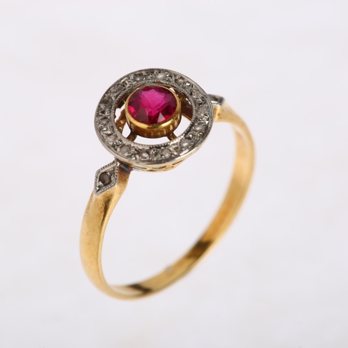 1167 - A synthetic ruby and diamond target cluster ring, unmarked gold settings with round-cut ruby and ros... 