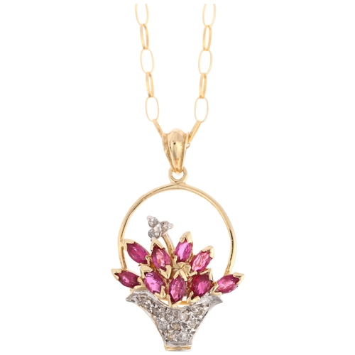 1168 - A modern 9ct gold ruby and diamond basket of flowers pendant necklace, on 9ct belcher link chain, pe... 