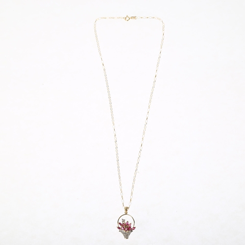 1168 - A modern 9ct gold ruby and diamond basket of flowers pendant necklace, on 9ct belcher link chain, pe... 