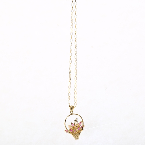 1168 - A modern 9ct gold ruby and diamond basket of flowers pendant necklace, on 9ct belcher link chain, pe... 