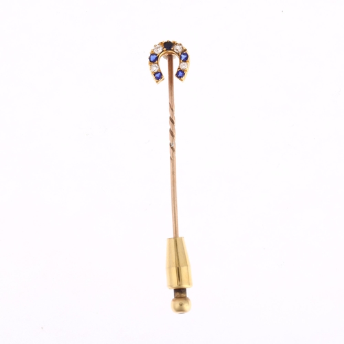 1178 - A Victorian blue paste and diamond horseshoe stickpin, unmarked yellow metal settings, head 9.3mm, o... 