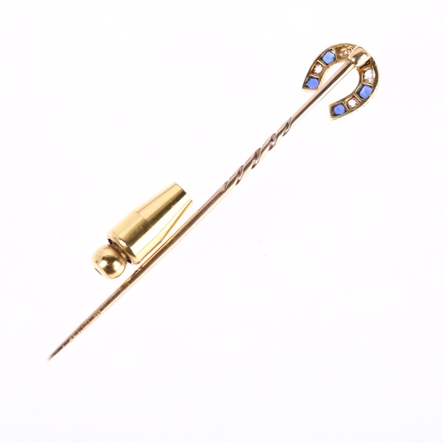 1178 - A Victorian blue paste and diamond horseshoe stickpin, unmarked yellow metal settings, head 9.3mm, o... 