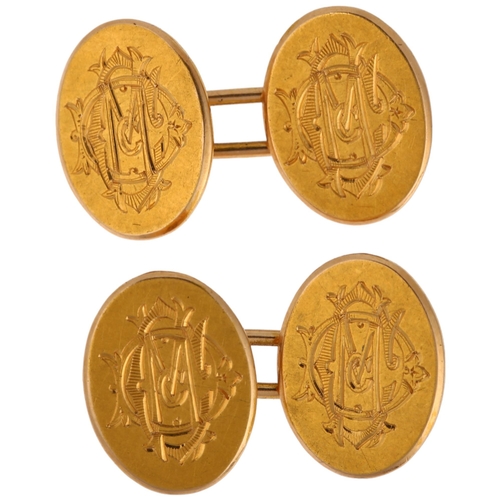 1179 - A pair of Victorian 15ct gold oval cufflinks, engraved with monogram DMC, 16.3mm, 9.6g