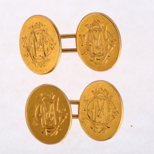 1179 - A pair of Victorian 15ct gold oval cufflinks, engraved with monogram DMC, 16.3mm, 9.6g