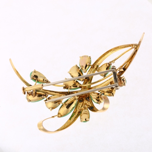 1184 - A Chinese 14ct gold jade floral spray brooch, 58.1mm, 7.9g