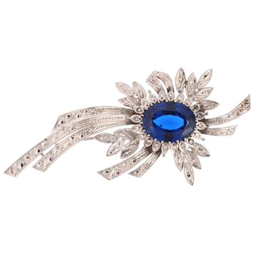 1193 - A mid-20th century synthetic blue spinel and diamond floral spray brooch, unmarked 9ct white gold se... 