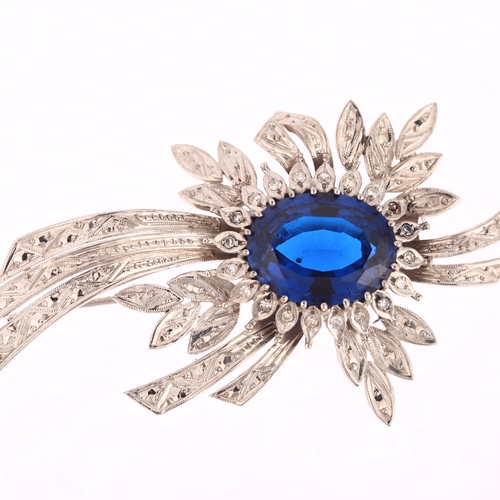 1193 - A mid-20th century synthetic blue spinel and diamond floral spray brooch, unmarked 9ct white gold se... 