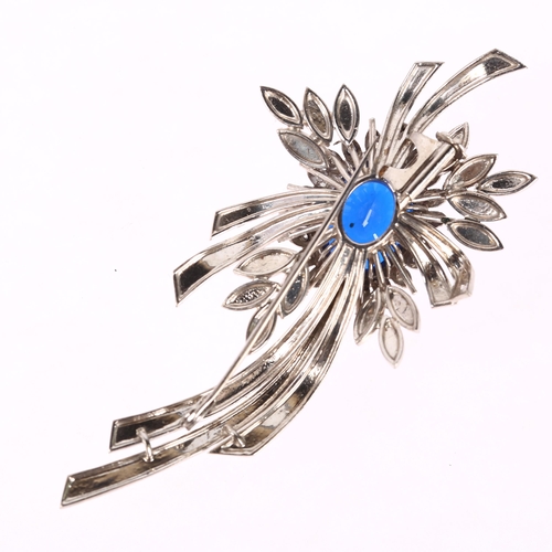 1193 - A mid-20th century synthetic blue spinel and diamond floral spray brooch, unmarked 9ct white gold se... 