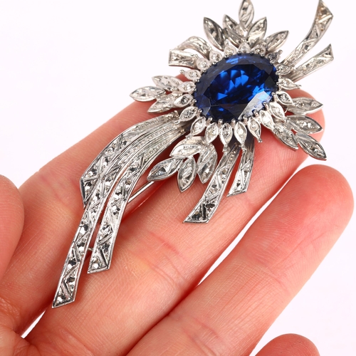 1193 - A mid-20th century synthetic blue spinel and diamond floral spray brooch, unmarked 9ct white gold se... 